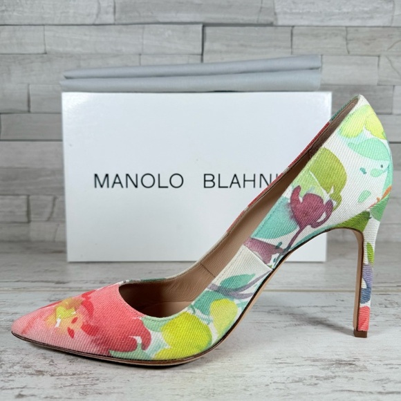 MANOLO BLAHNIK 105 Fabric BB Acuarela Watercolor Floral Print Pumps Size 38.5 - Picture 9 of 16